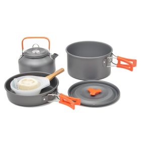 Outdoor portable 2-3 person camping stove cover pot picnic cooker non stick pot teapot combination set including tableware (Colour: orange)