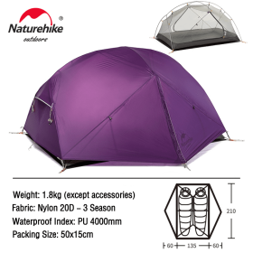 Naturehike Mongar Tent 2 Person Ultralight Travel Tent (Color: 20D - Purple)