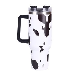 40oz Cowprint Insulated Tumbler With Handle And Straw (Color: White big cow print)