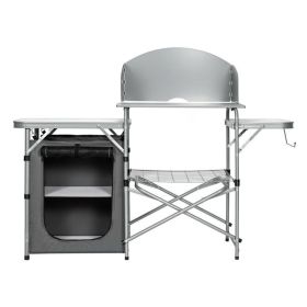 Foldable Outdoor BBQ Portable Grilling Table with Windscreen (Color: Gray)